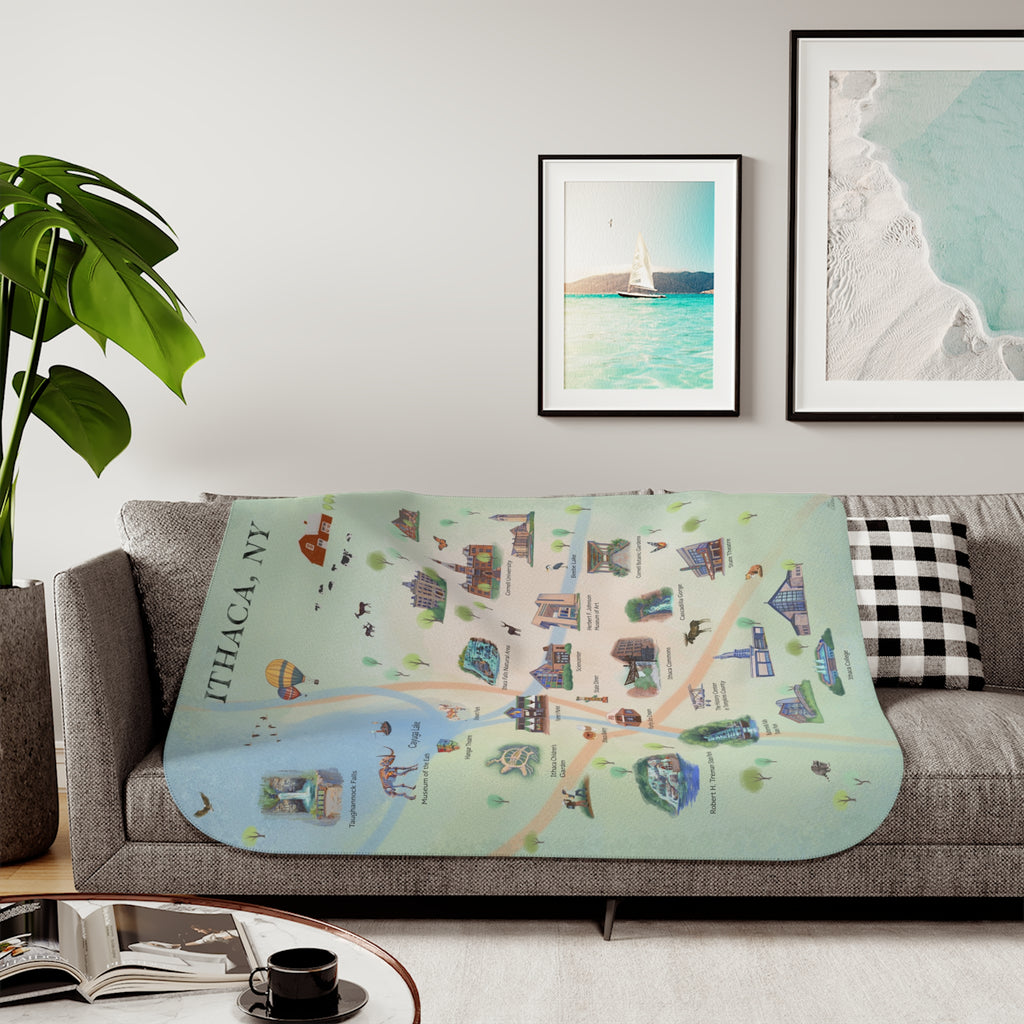 Ithaca City Map Illustration Fleece and Sherpa Blanket