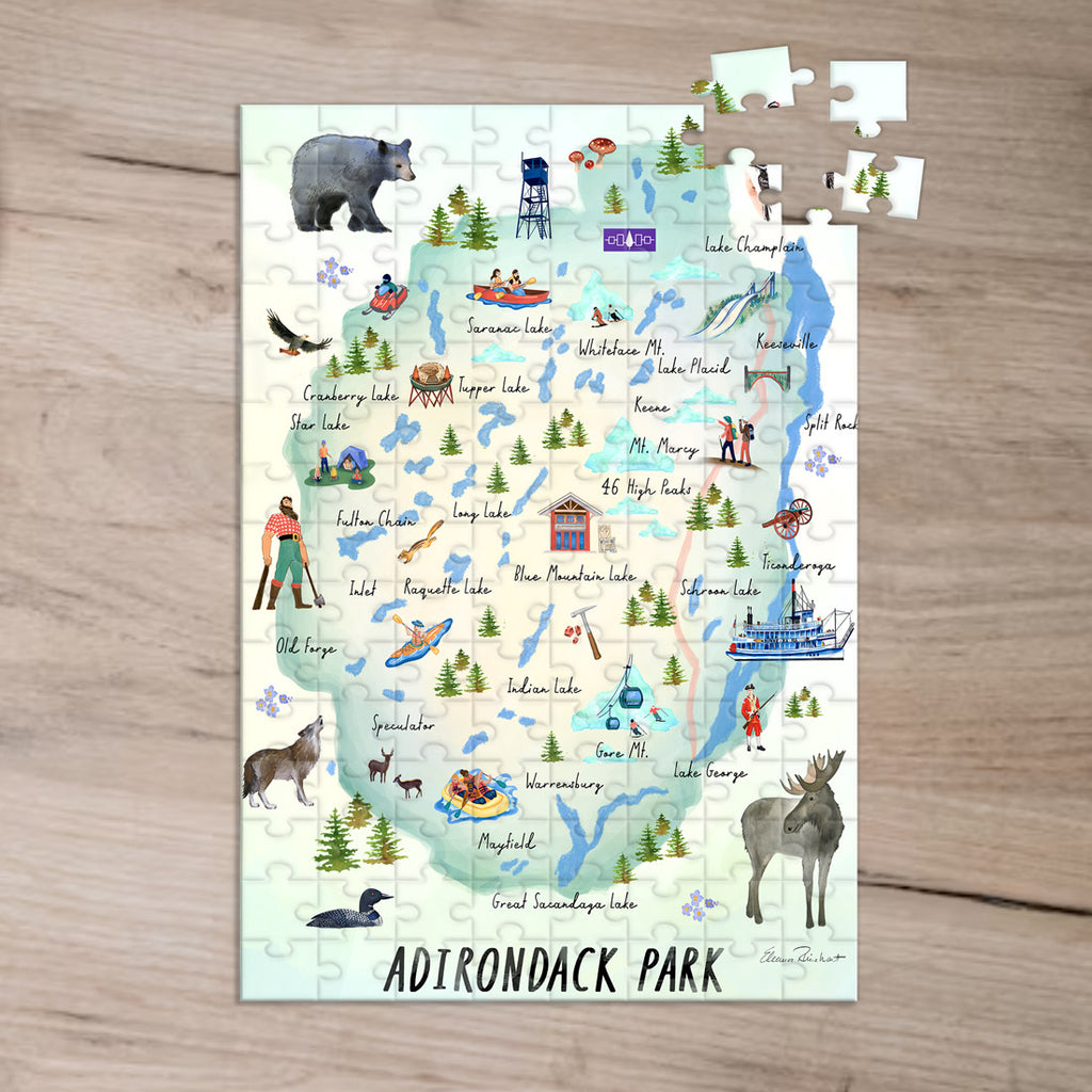 Adirondack Park, Hand Painted Map, Jigsaw Puzzle - Made in the USA