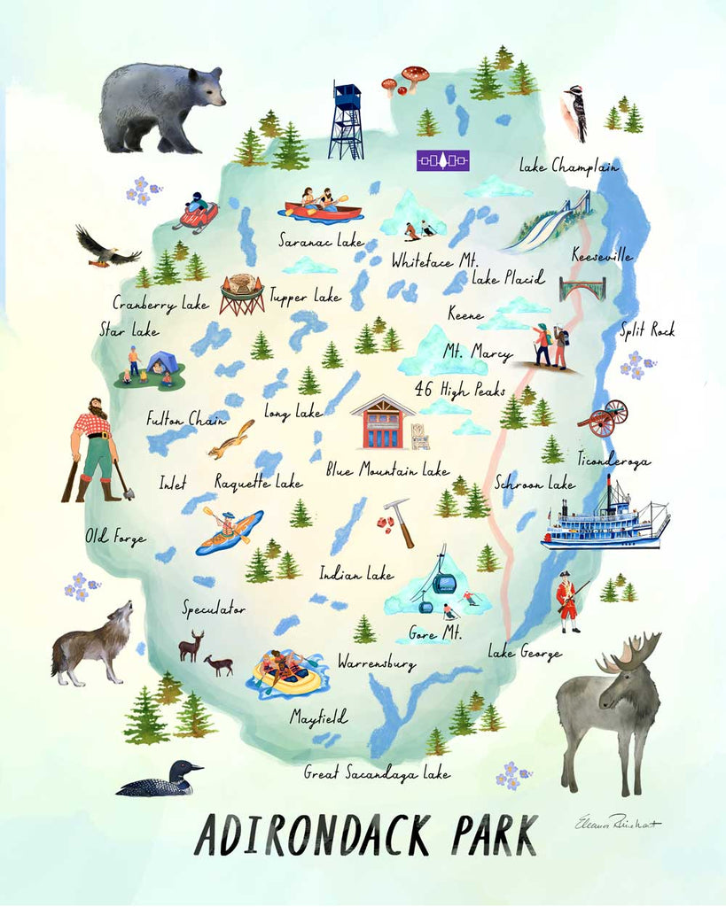 Adirondack Park, Hand Painted Map, Jigsaw Puzzle - Made in the USA