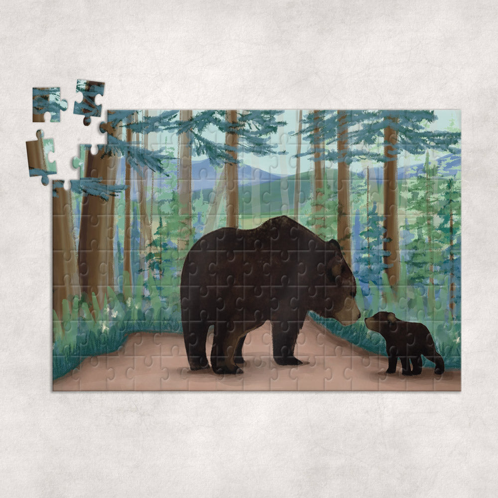 Black Bear Mother and Cub Adirondack Watercolor Illustration - Jigsaw Puzzle