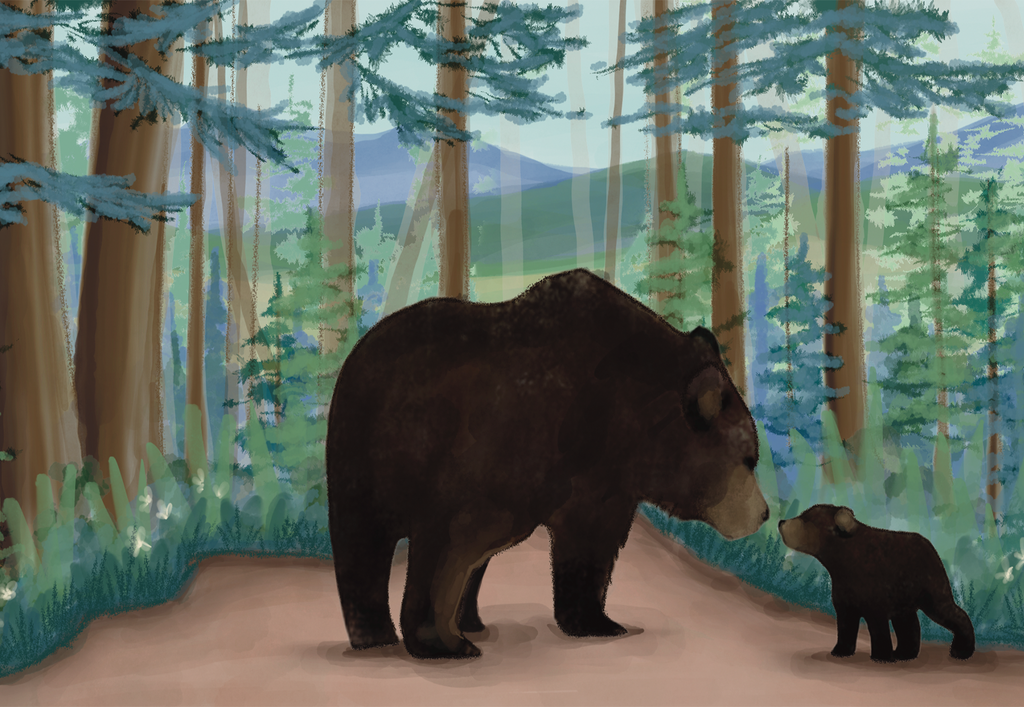 Black Bear Mother and Cub Adirondack Watercolor Illustration - Jigsaw Puzzle