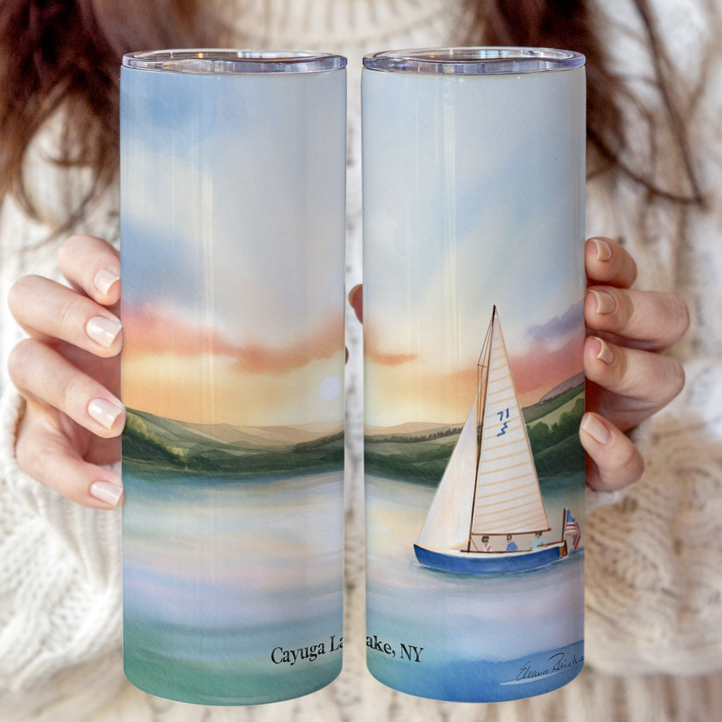 Cayuga Lake Sunrise, Lightning Sailboat,  Skinny Coffee Stainless Steel Tumbler